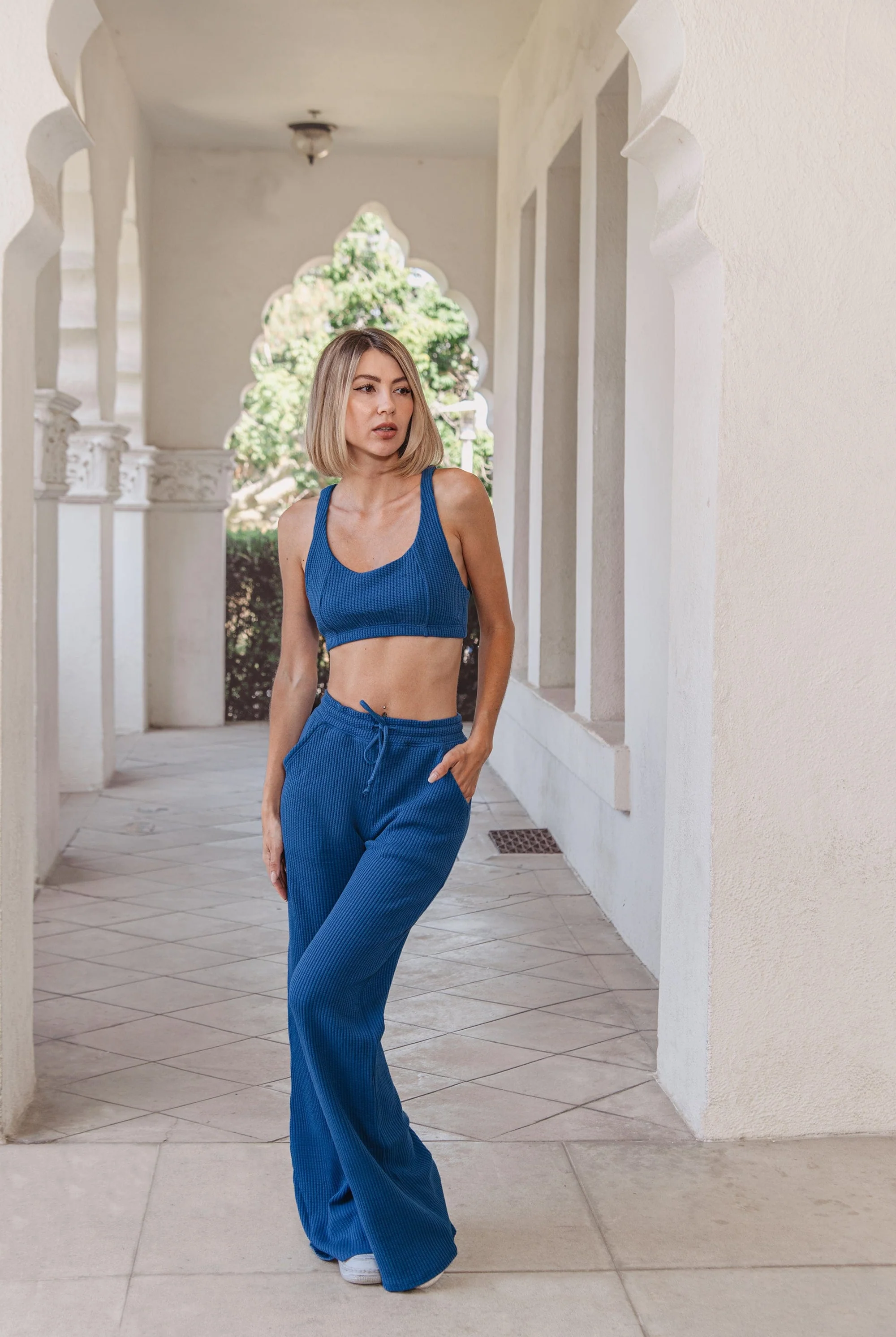 Lezat Drawstring Pant Jules Waffle Knit Organic Cotton Drawstring Pant - Marine