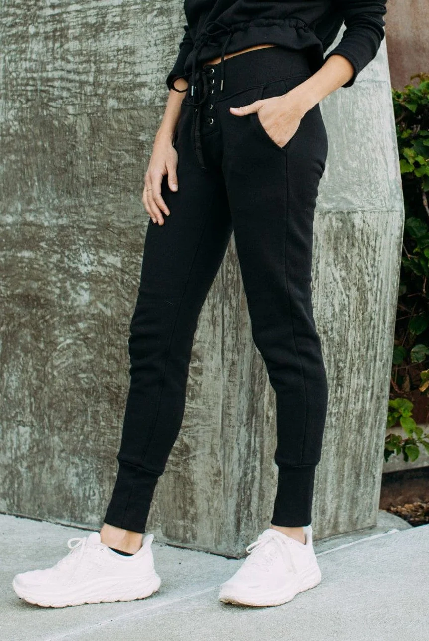 Lezat Sweatpant Kelly Slim Lace-Up French Terry Organic Cotton Sweatpant - Black