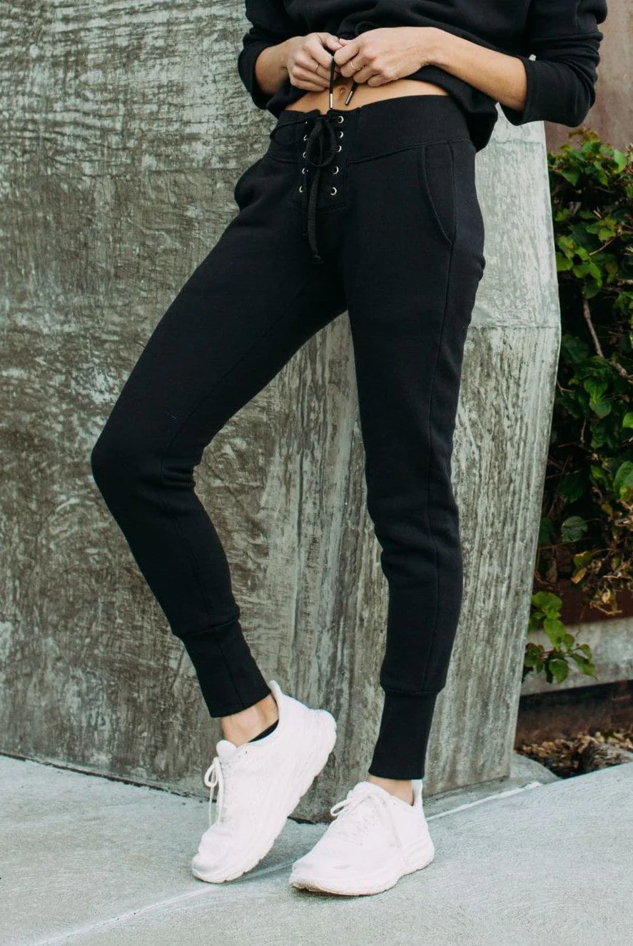 Lezat Sweatpant Kelly Slim Lace-Up French Terry Organic Cotton Sweatpant - Black