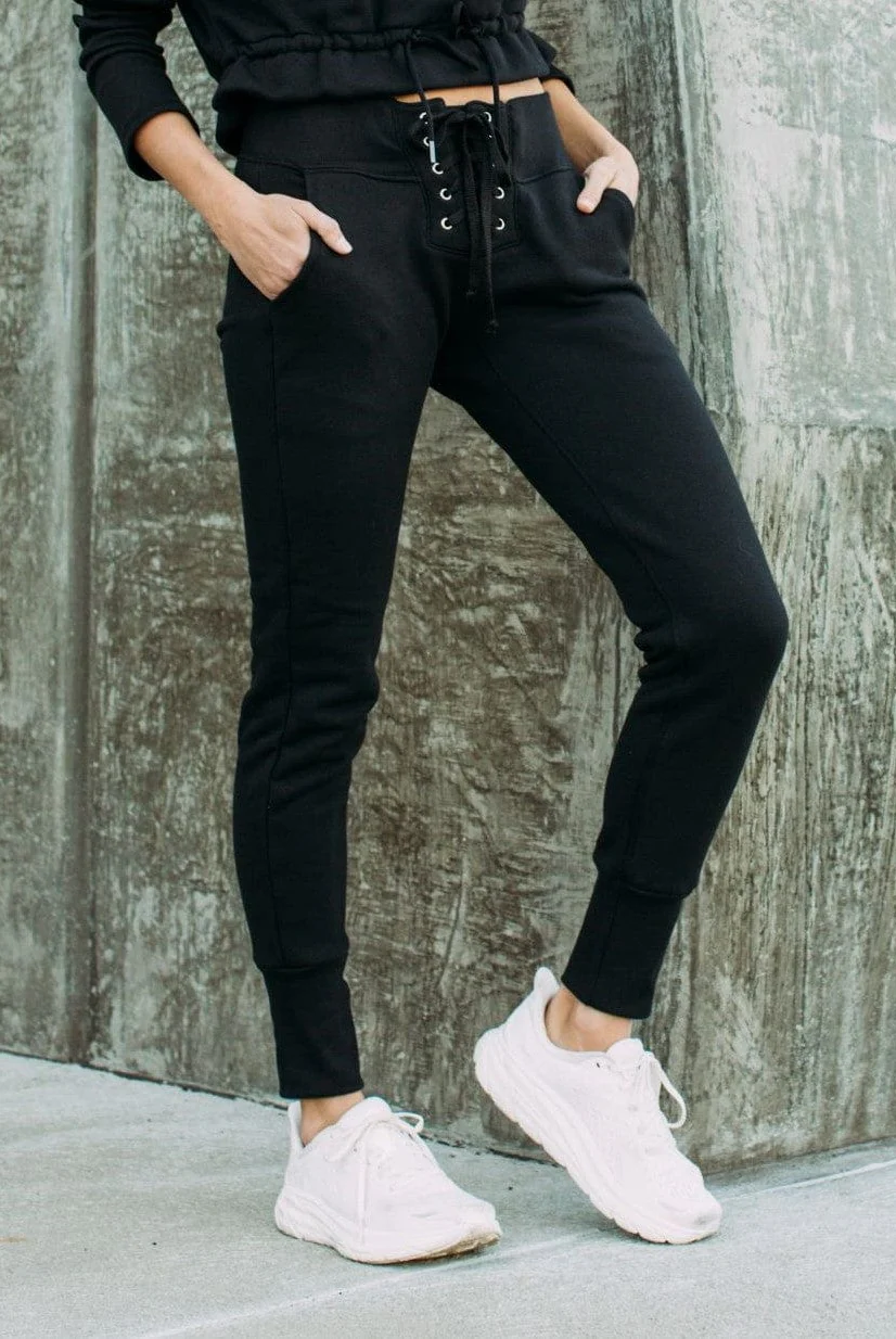 Lezat Sweatpant Kelly Slim Lace-Up French Terry Organic Cotton Sweatpant - Black